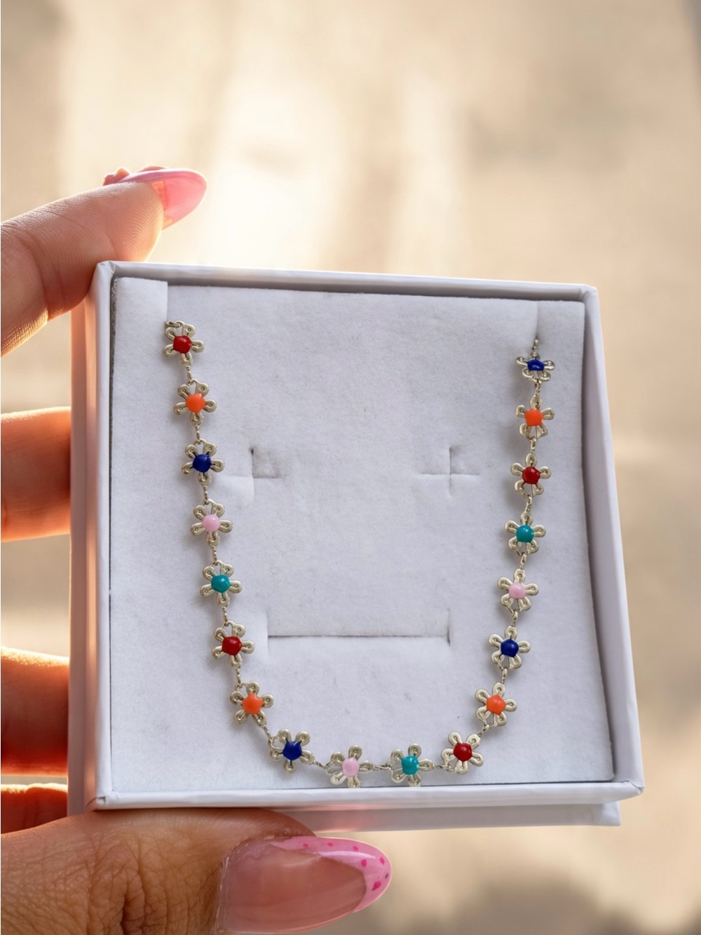 Multicolor Flower Link Necklace - Gold Tone